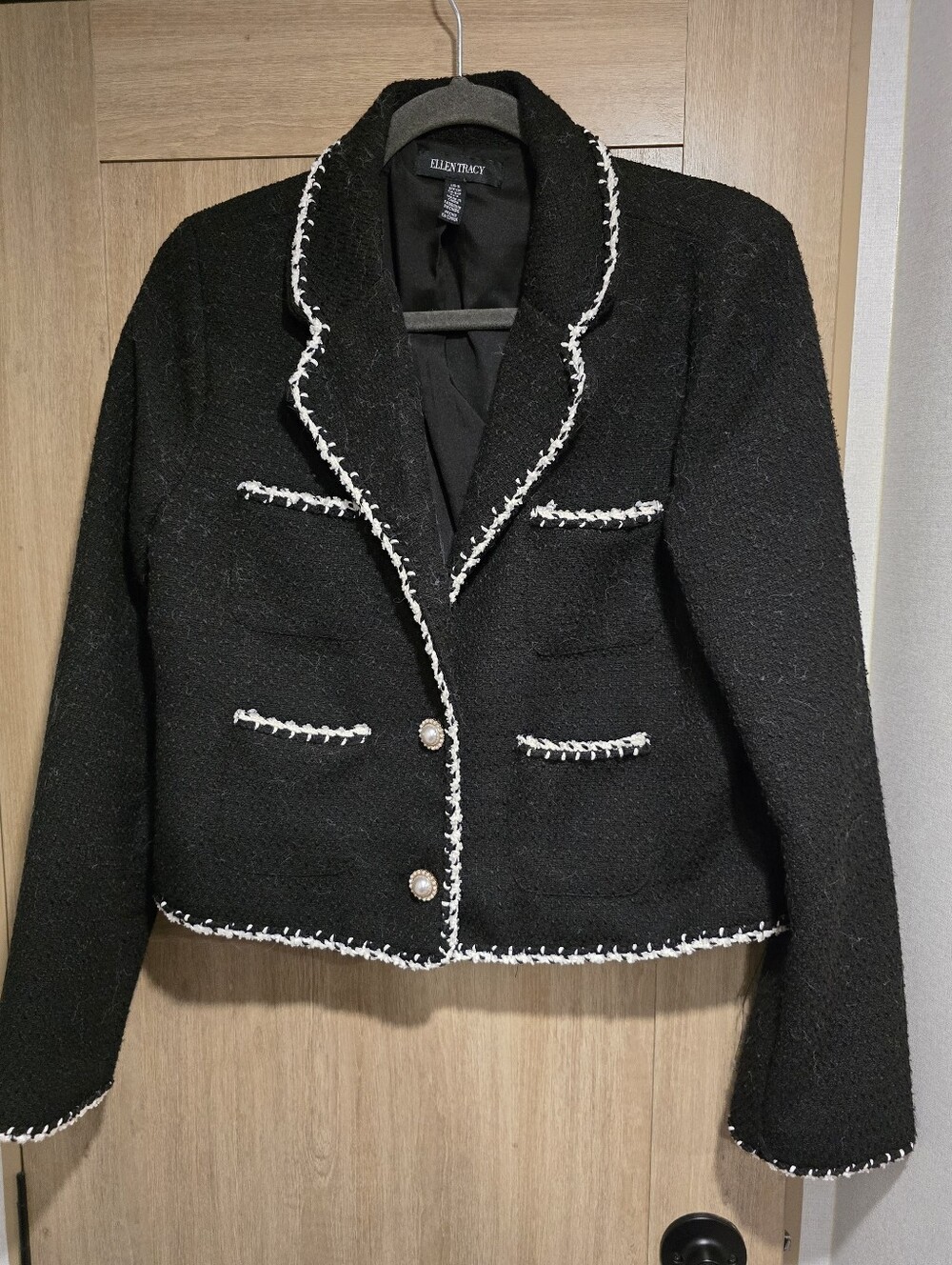 Ellen Tracy Black Tweed Cropped Blazer with White Braided Trim